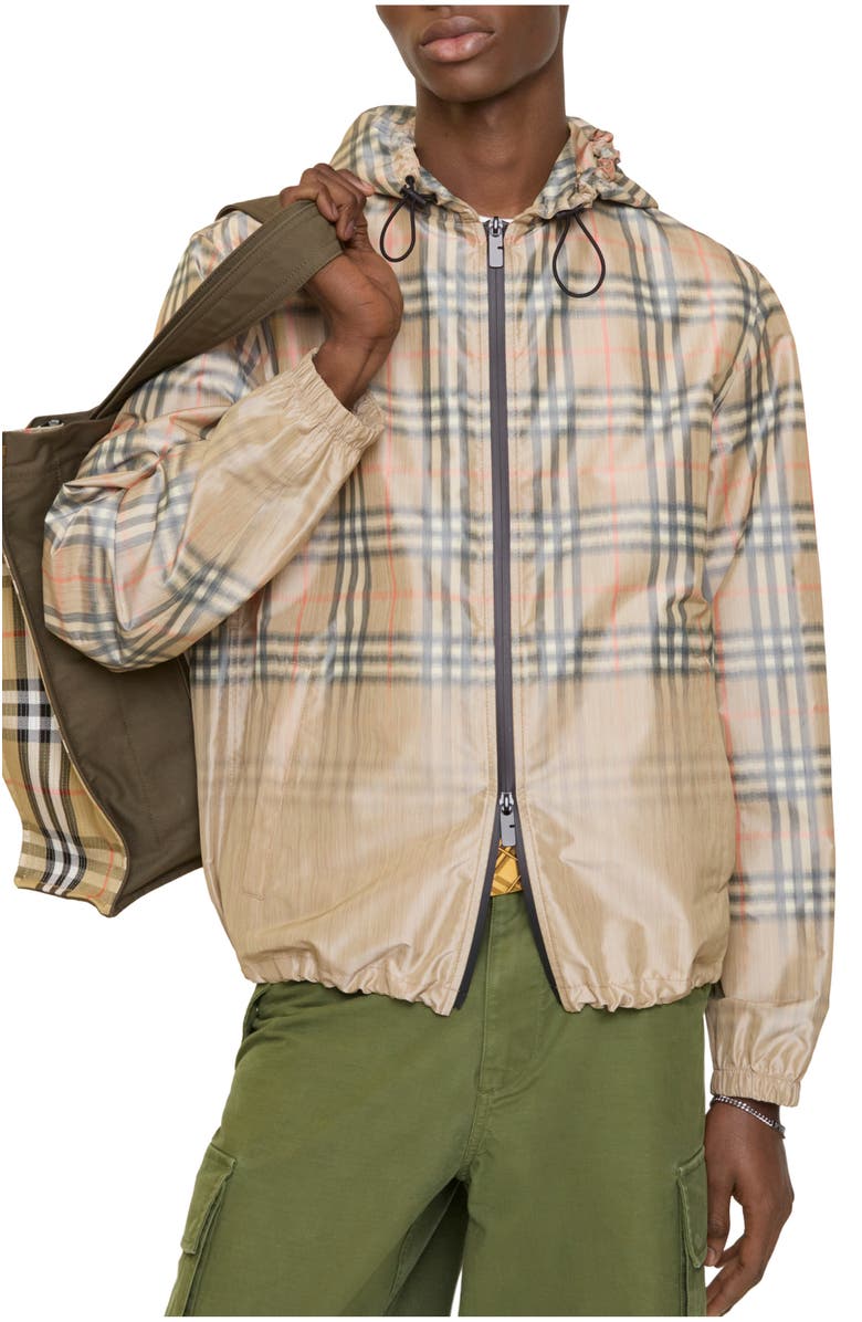 Burberry Gradient Check Hooded Jacket, Main, color, Sand Beige