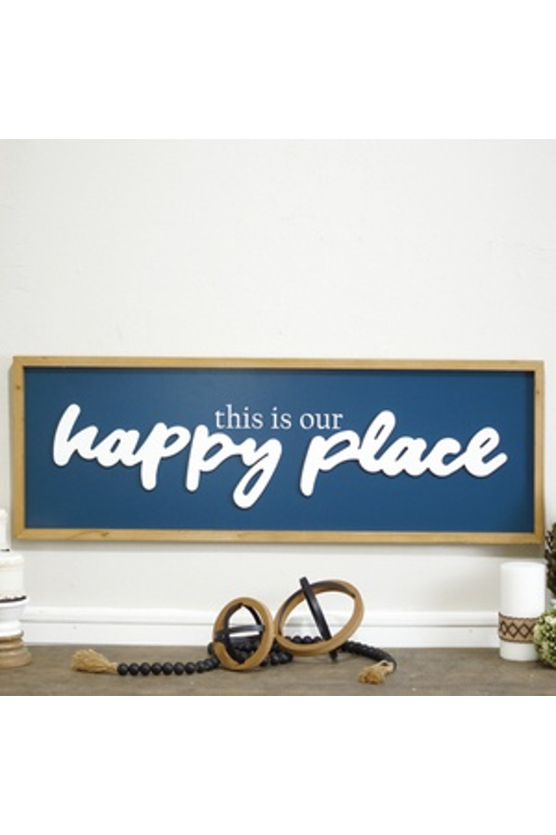 Wood Blue Happy Place Wall Sign, 36 Inch Farmhouse Decorative Wall Art, Main, color, Blue