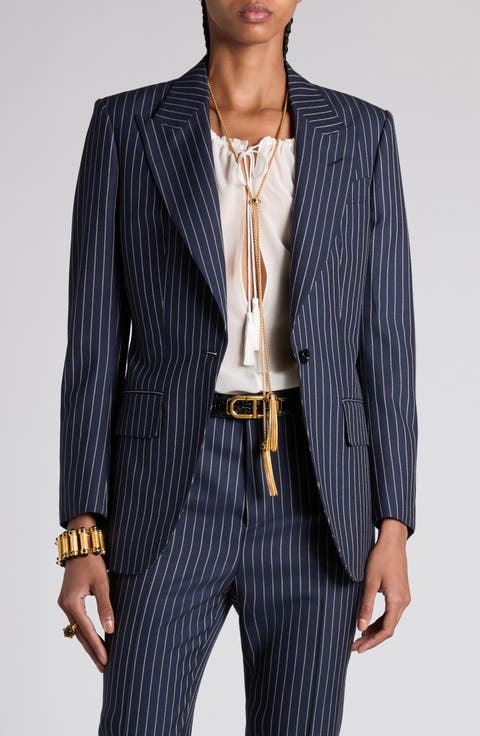 Pinstripe One-Button Wool Blazer