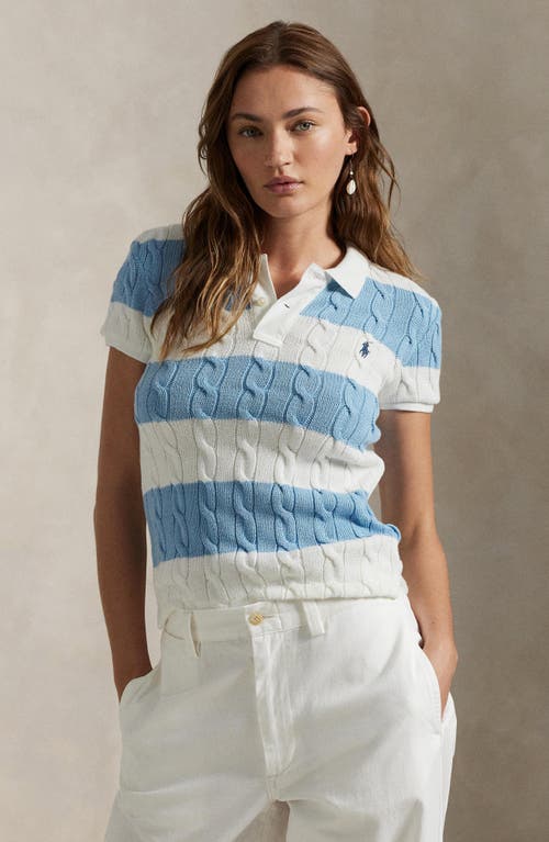 Polo Ralph Lauren Slim Fit Stripe Cable Short Sleeve Cotton Polo Sweater In White/carolina Blue