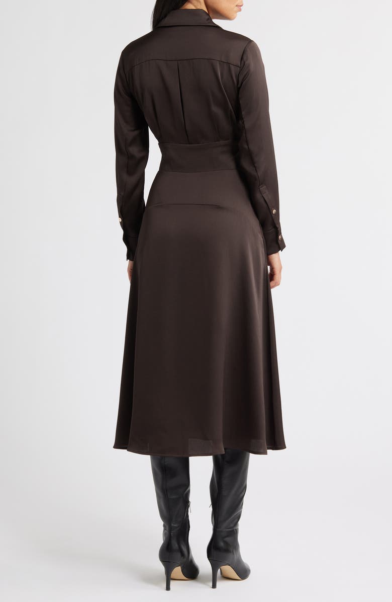 Tahari ASL Printed Long Sleeve Faux Wrap Matte Satin Shirtdress, Alternate, color, Chocolate
