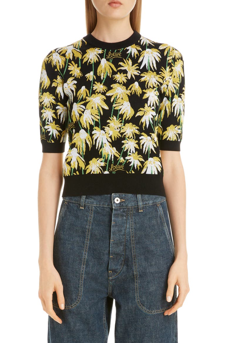 Daisy Jacquard Crop Sweater, Main, color, BLACK/ YELLOW
