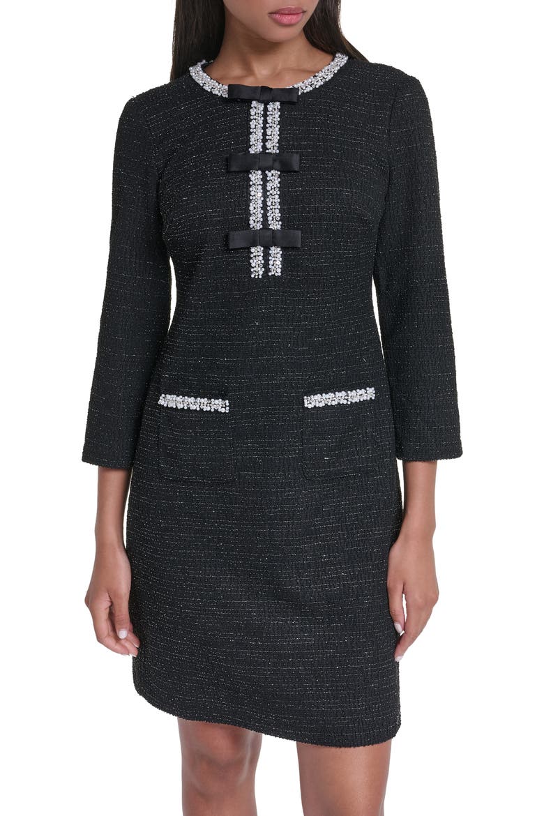 Bead Detail Shimmer Knit Tweed Shift Minidress, Alternate, color, BLACK/ SILVER MULTI