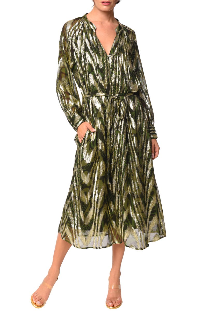 CIEBON Seneca Metallic Long Sleeve Midi Shirtdress, Main, color, Green