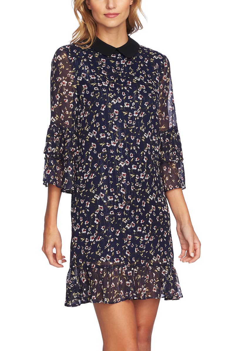 CeCe Festive Metallic Stripe Floral Ruffle Dress, Alternate, color, 