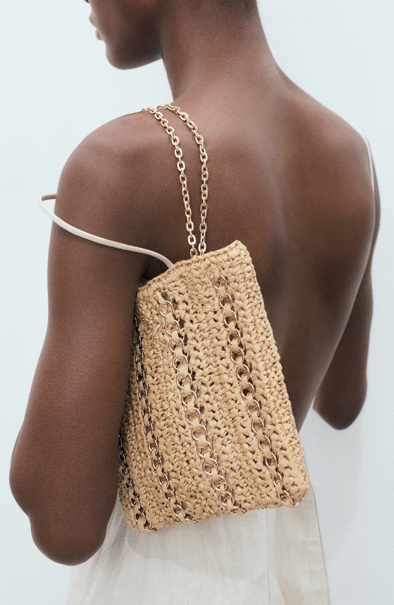 MANGO Ring Embellished Woven Straw Tote, Alternate, color, Beige