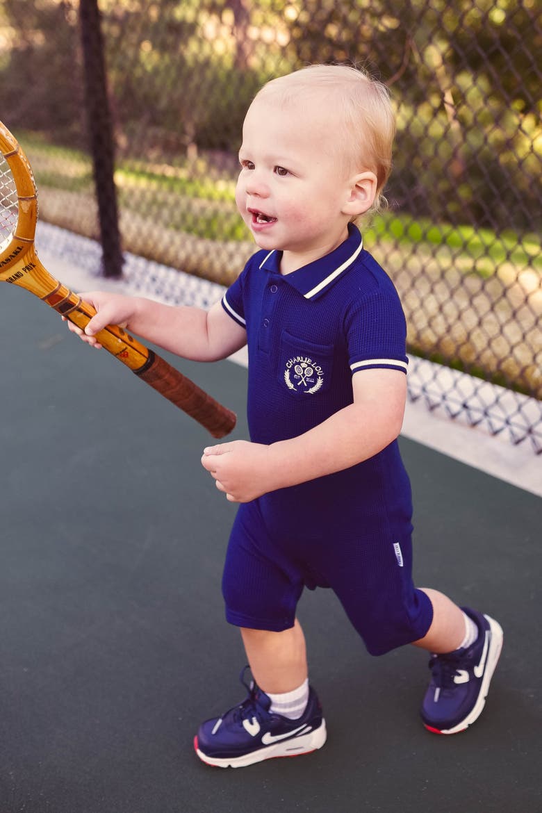 Waffle Polo Romper, Alternate, color, Navy Blue