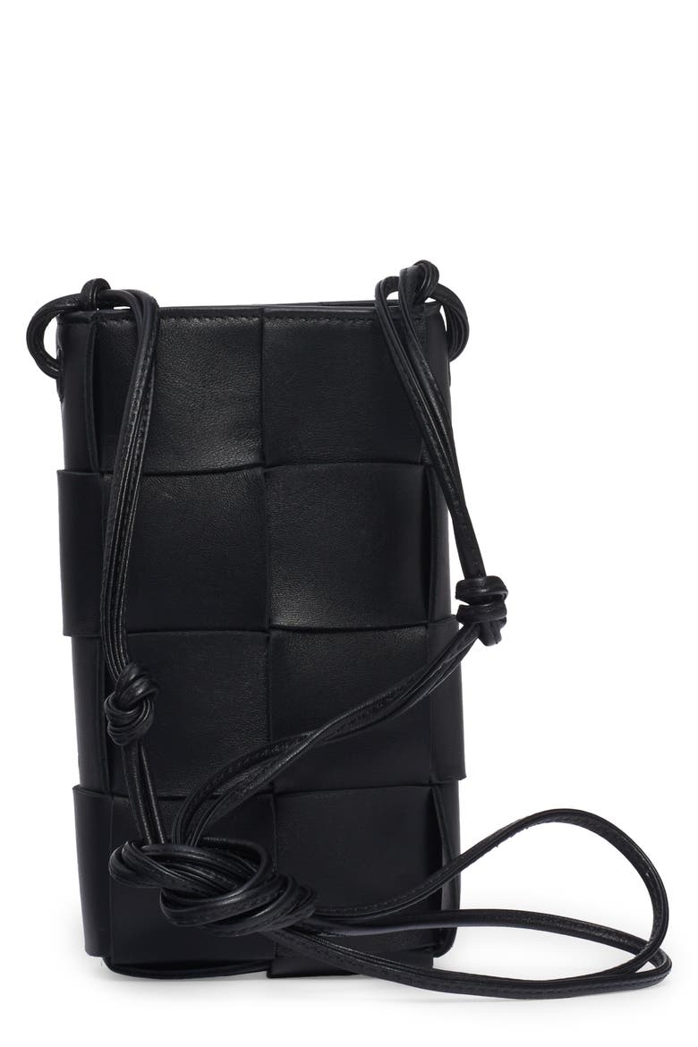 Intrecciato Leather Crossbody Phone Pouch, Main, color, BLACK-GOLD