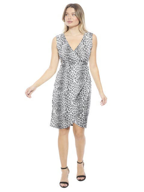Womens Cheetah V-Neck Sleeveless Faux Wrap Tulip Hem Midi Dress