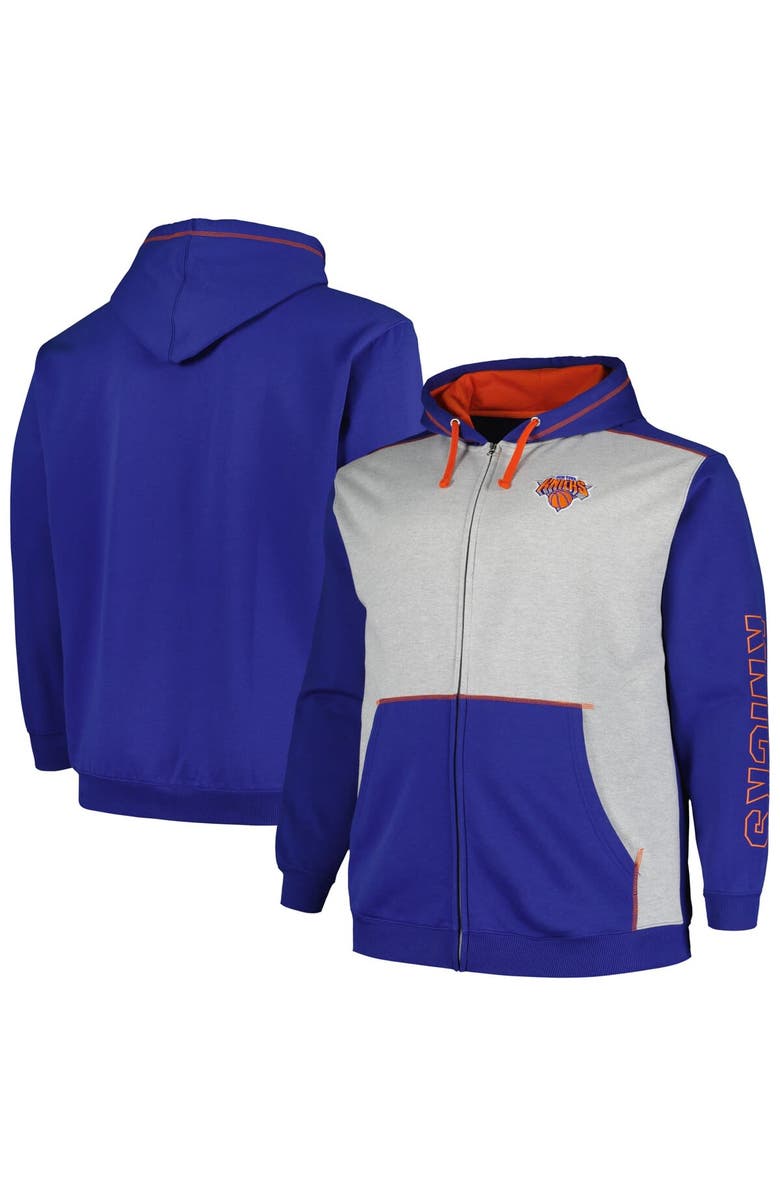 FANATICS Men's Fanatics Branded Blue/Heather Gray New York Knicks Big & Tall Contrast Pieced Stitched Full-Zip Hoodie, Alternate, color, 