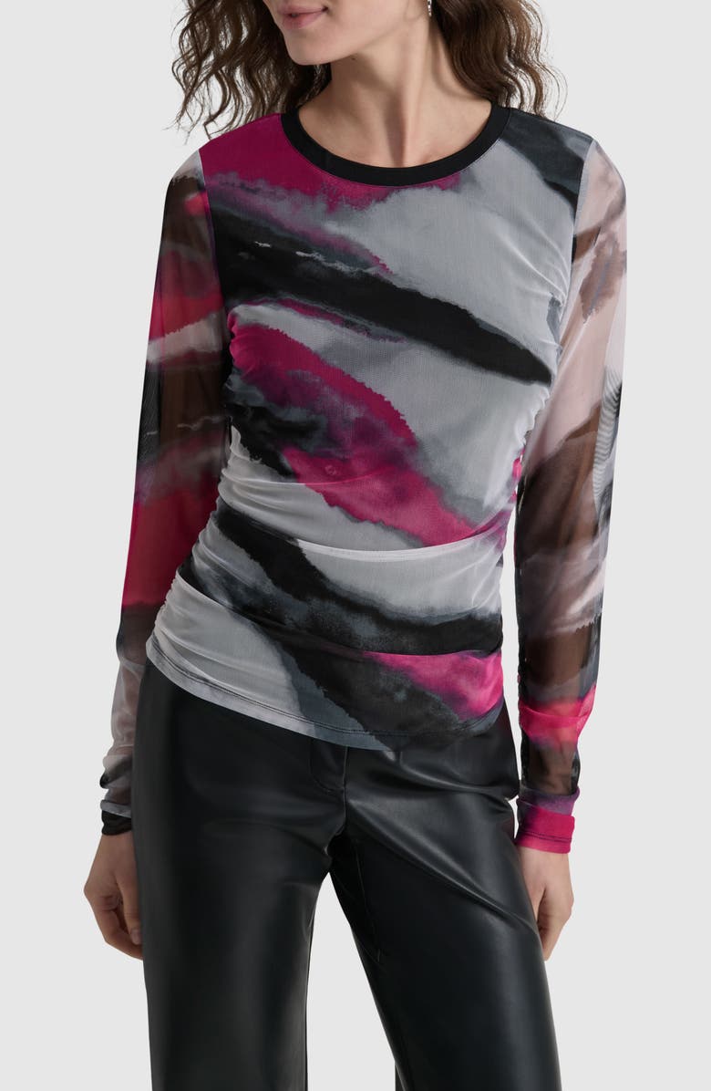DKNY Print Long Sleeve Mesh Top, Main, color, 