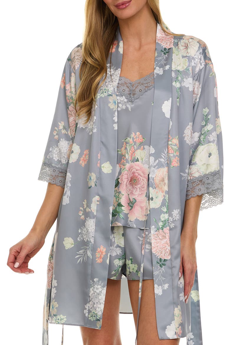 Sabrina Floral Print Satin Short Pajamas & Robe Set, Main, color, COOL GREY