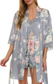 Flora Nikrooz Sabrina Floral Print Satin Short Pajamas & Robe Set