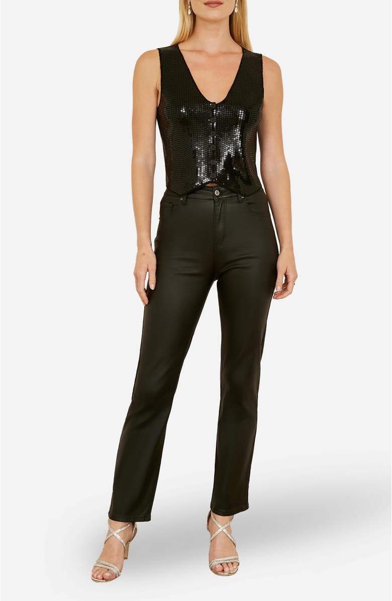 Yumi Sleeveless V-Neck Sequin Waistcoat Top, Alternate, color, Black