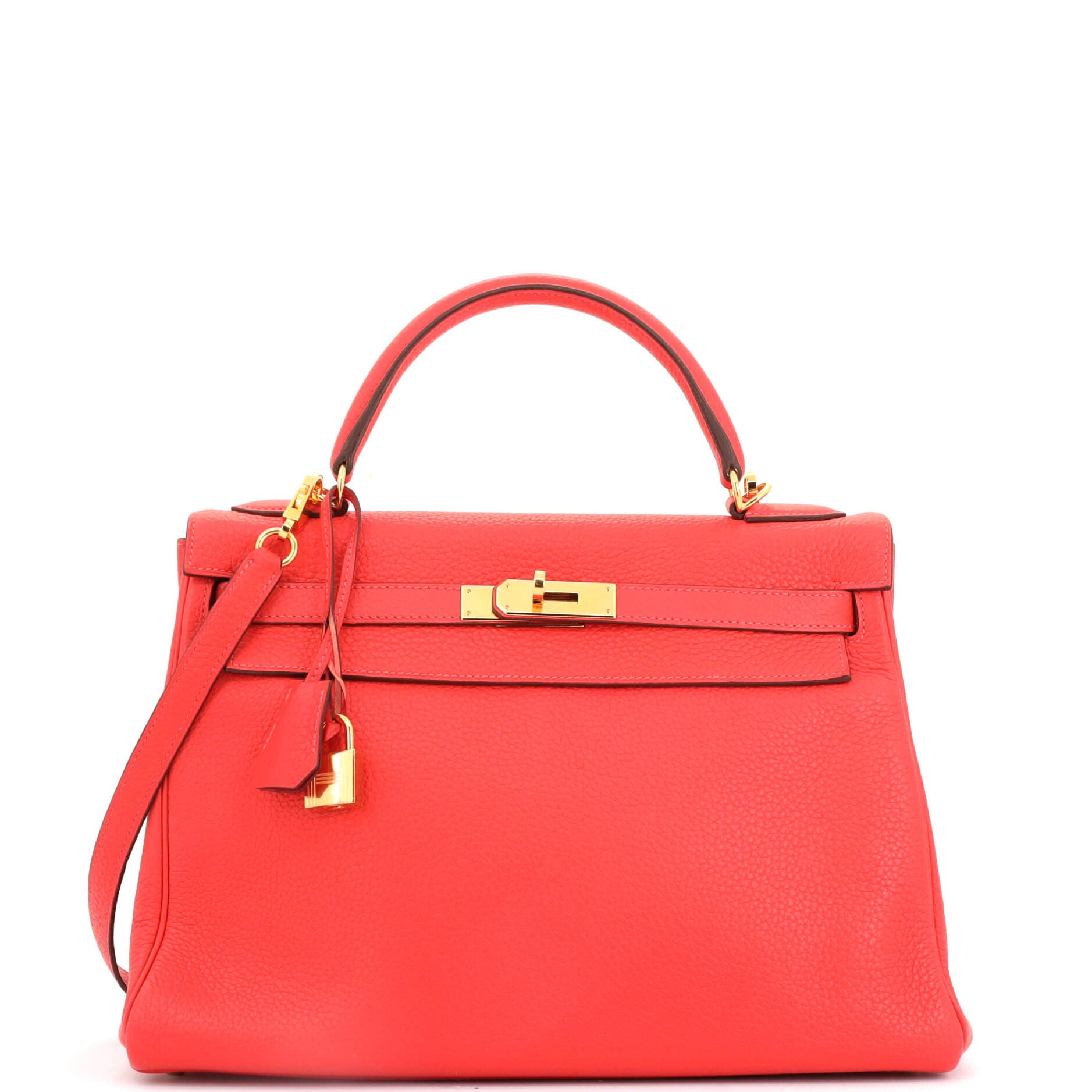 Pre-Owned Hermes Kelly Handbag Red Clemence with Gold Hardware 32, Main, color, 