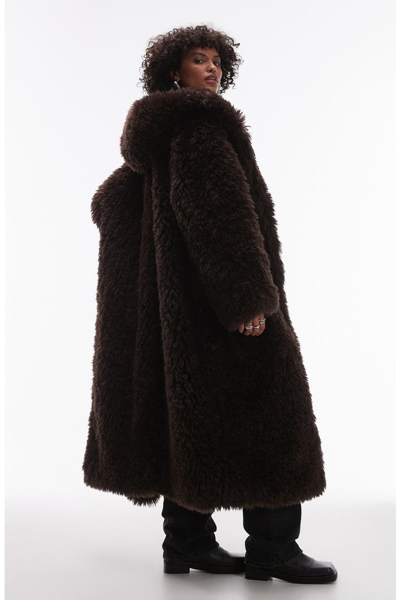Faux Fur Hooded Long Coat, Alternate, color, BROWN