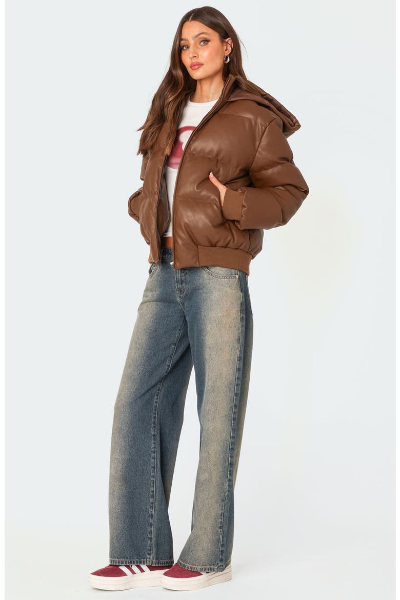 Wintry Faux Leather Hooded Puffer Jacket, Alternate, color, BROWN