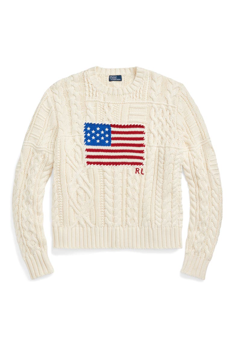 Aran Stitch American Flag Cotton Crewneck Sweater, Alternate, color, CREAM