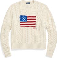 Polo Ralph Lauren Aran Stitch American Flag Cotton Crewneck Sweater