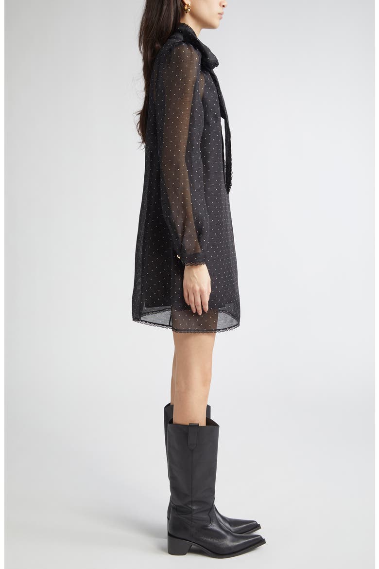 Dream Polka Dot Long Sleeve Pussy Bow Minidress, Alternate, color, BLACK DOT