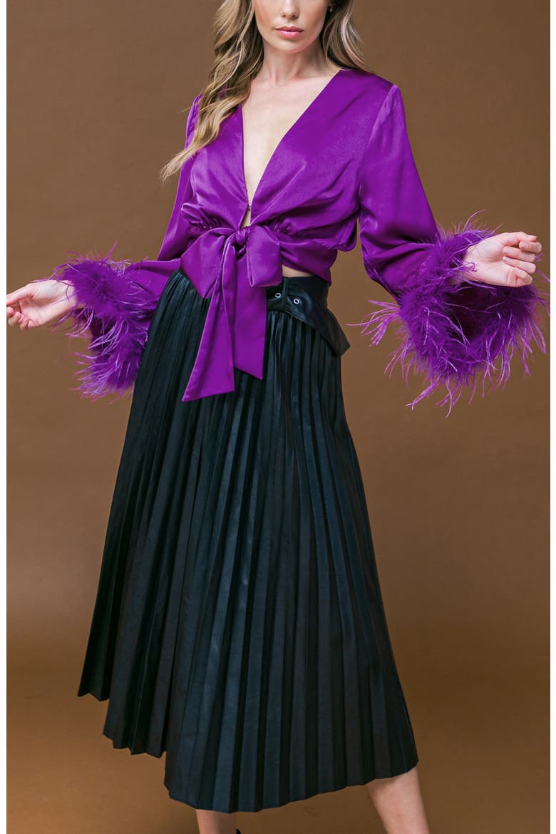 Satin Tie Front Top with Faux Fur Cuffs, Alternate, color, PURPLE