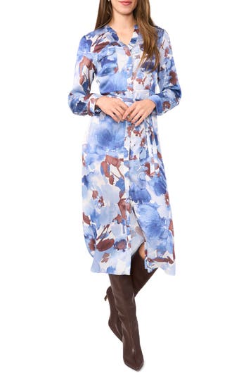 Halogen ® Floral Long Sleeve Satin Midi Shirtdress In Blue