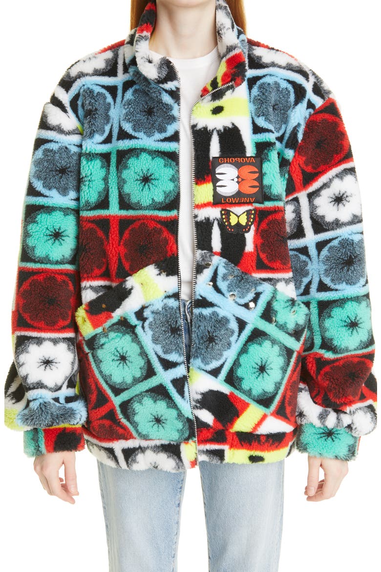 Petzi Oversize Recycled High Pile Fleece Jacket, Main, color, BLUE / RED / YELLOW MULTI