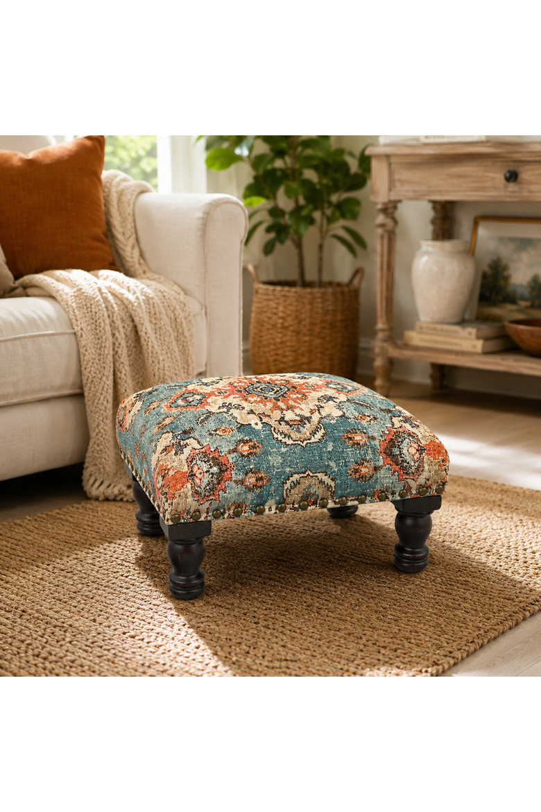 Printed Upholstered Foot Stool with Acacia Wood Frame, Alternate, color, Brown