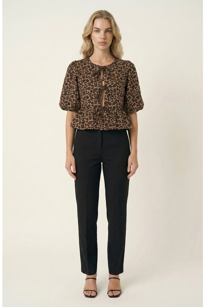 Peplum Top With Front Tie Closures And Short Puff Sleeves, Alternate, color, Leopard Print