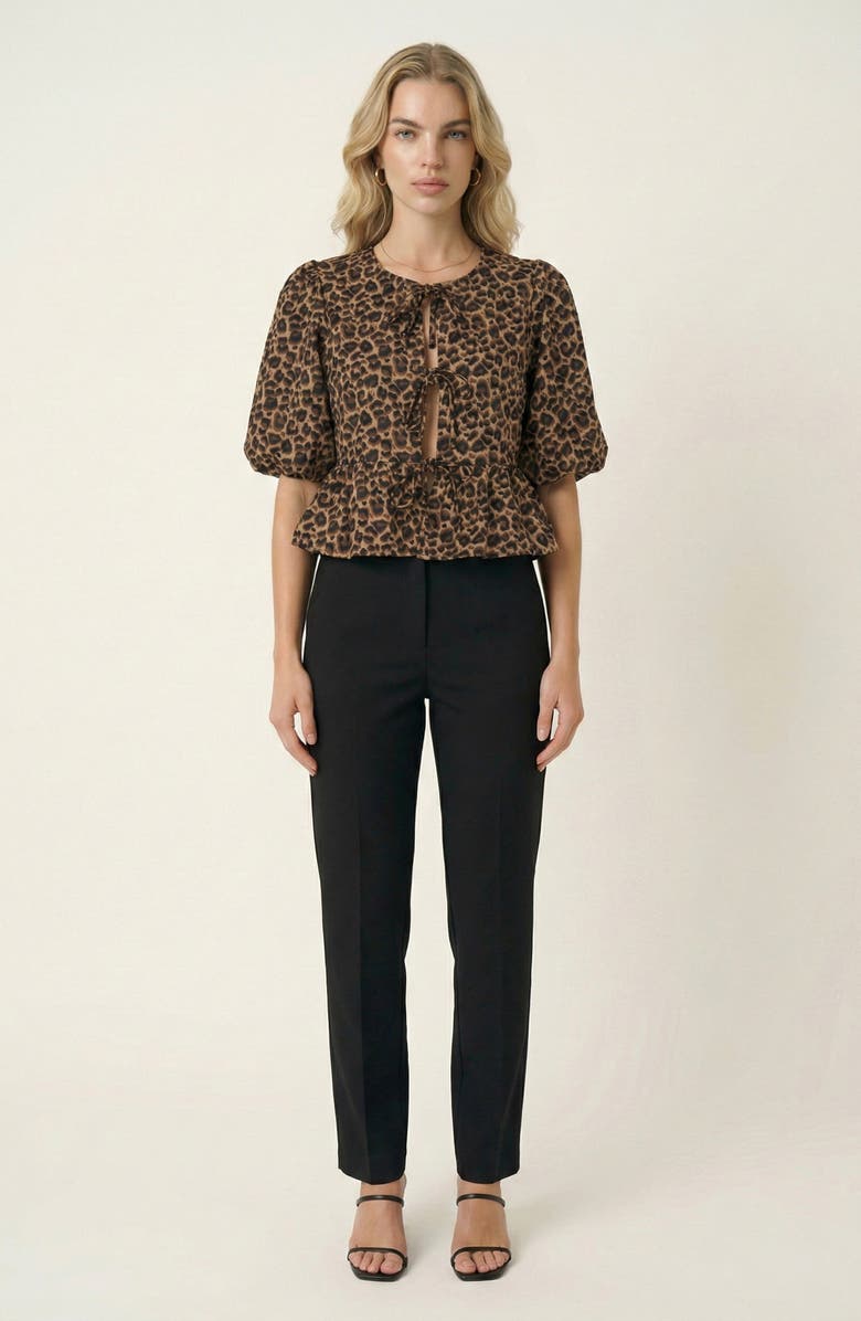 Modenaire Peplum Top With Front Tie Closures And Short Puff Sleeves, Alternate, color, Leopard Print