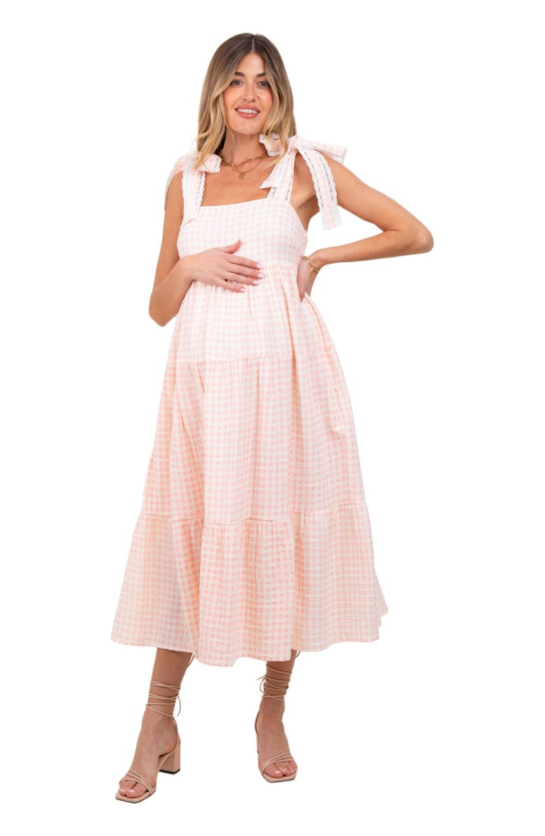 PinkBlush Gingham Lace Trim Shoulder Tie Maxi Dress, Main, color, Light Pink