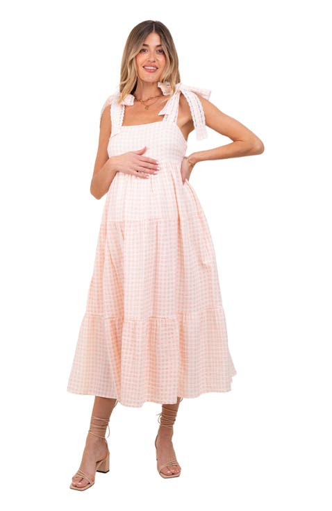 Gingham Lace Trim Shoulder Tie Maxi Dress