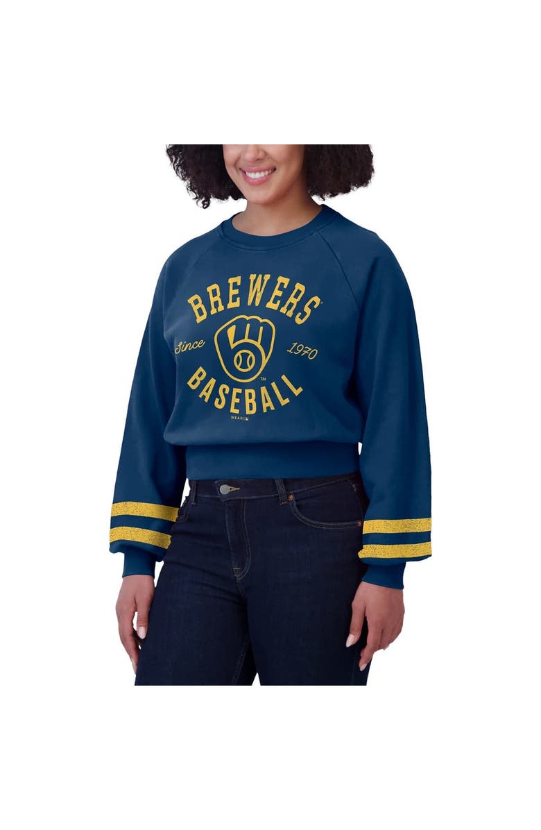 WEAR by Erin Andrews Women's WEAR by Erin Andrews Navy Milwaukee Brewers Vintage Washed Cropped Pullover Sweatshirt, Alternate, color, Navy