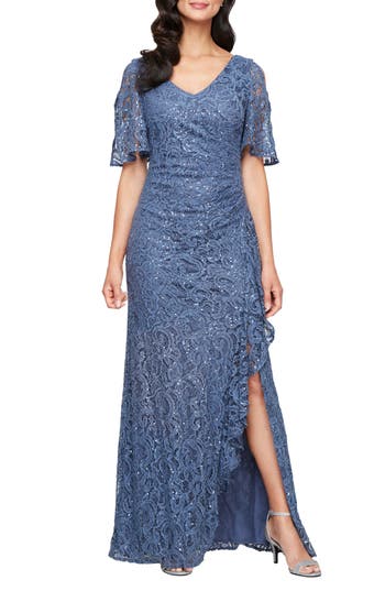 Alex Evenings Sequin Stretch Lace Gown In Blue