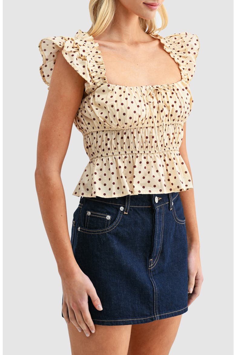 Polka Dot Peplum Top, Alternate, color, BUTTER BROWN DOT