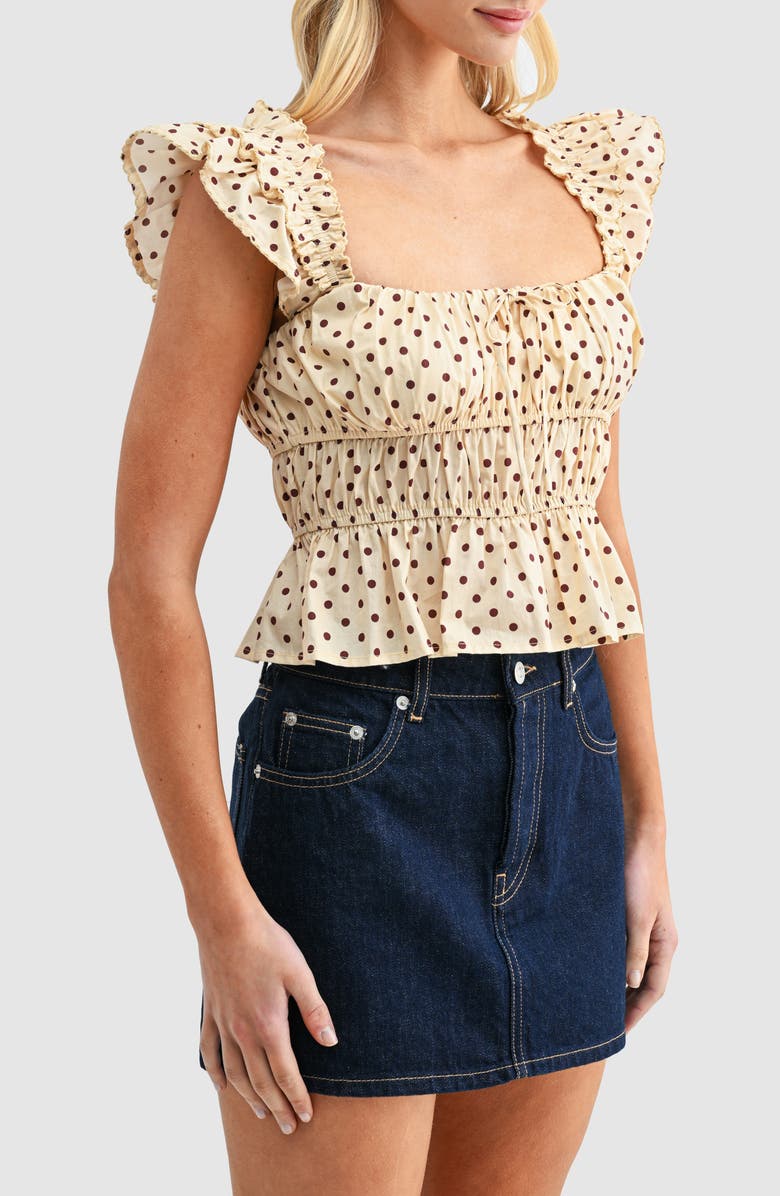All in Favor Polka Dot Peplum Top, Alternate, color, Butter Brown Dot