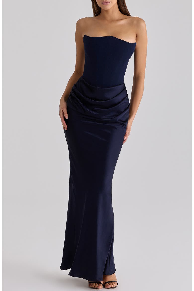 Persephone Strapless Corset Satin & Stretch Crepe Mermaid Gown, Alternate, color, NAVY