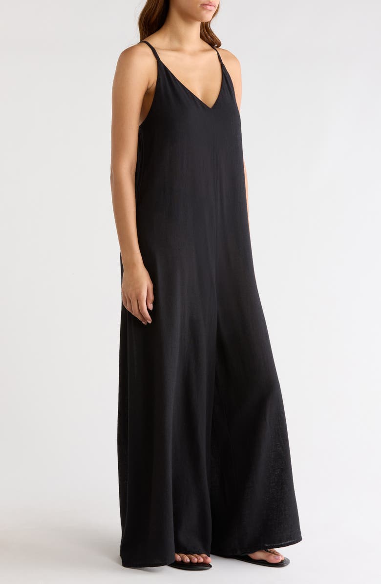 Elan Wide Leg Cotton & Linen Blend Cover-Up Jumpsuit, Alternate, color, Black
