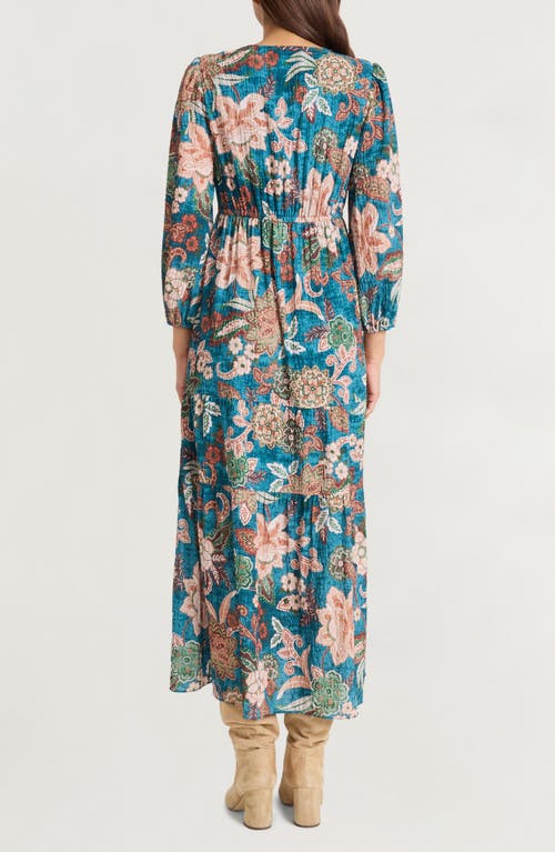 The Good Journey Floral Long Sleeve Empire Waist Tiered Maxi Dress In Blue