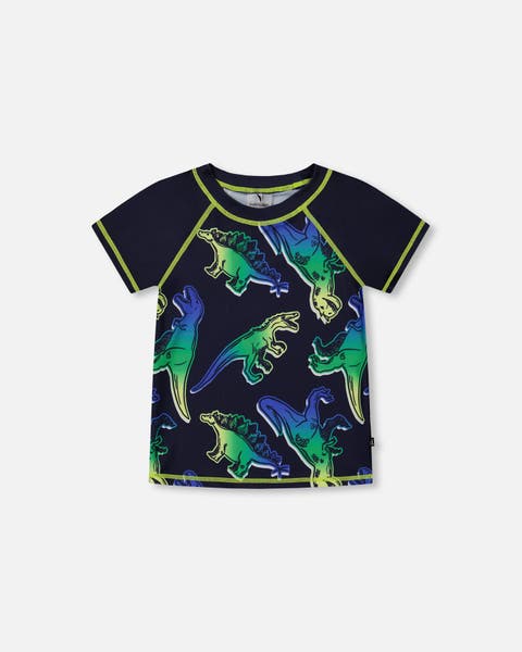 Baby Boy's Short Sleeve Rashguard Blue And Green Dino On Navy