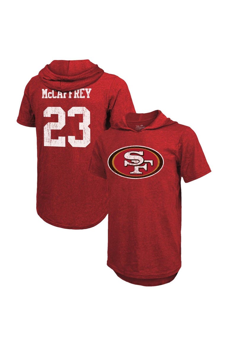 Men's Majestic Threads Christian McCaffrey Scarlet San Francisco 49ers Player Name & Number Tri-Blend Slim Fit Hoodie T-Shirt, Main, color, Scarlet