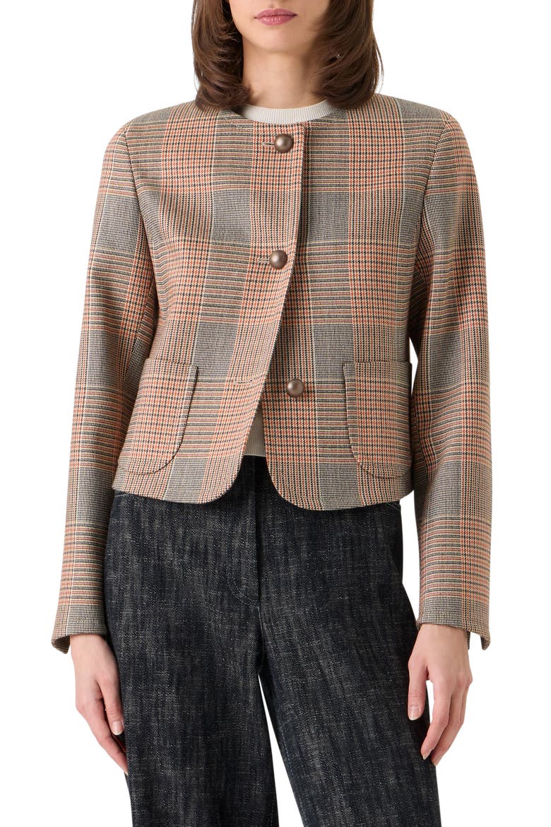 Glen Plaid Collarless Stretch Wool Jacket, Main, color, BEIGE-MOCCA-ORANGE