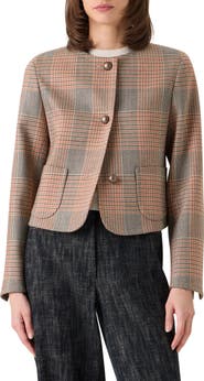 Akris punto Glen Plaid Collarless Stretch Wool Jacket