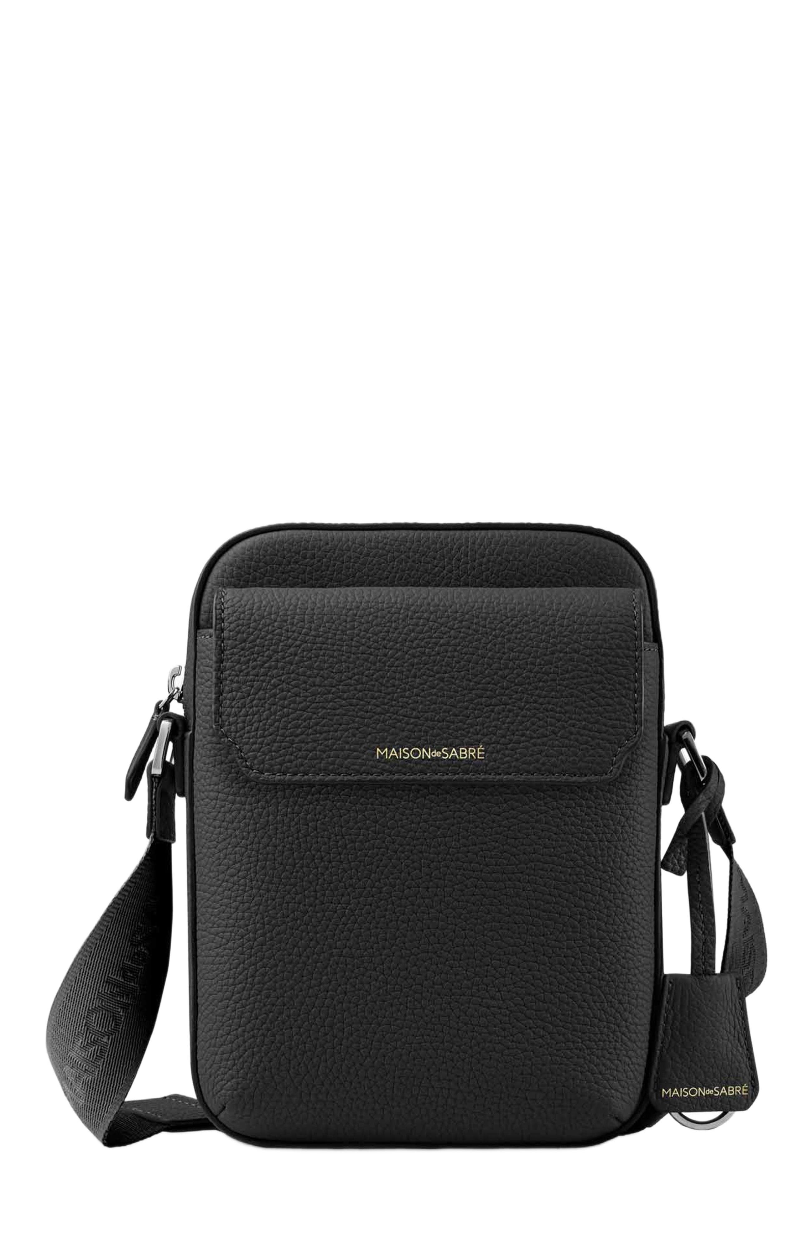 MAISON de SABRÉ Small Leather Messenger Bag, Main, color, Black Caviar