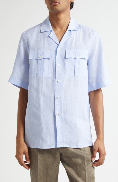 Isaia Superlino Short Sleeve Linen Button-up Shirt In Blue