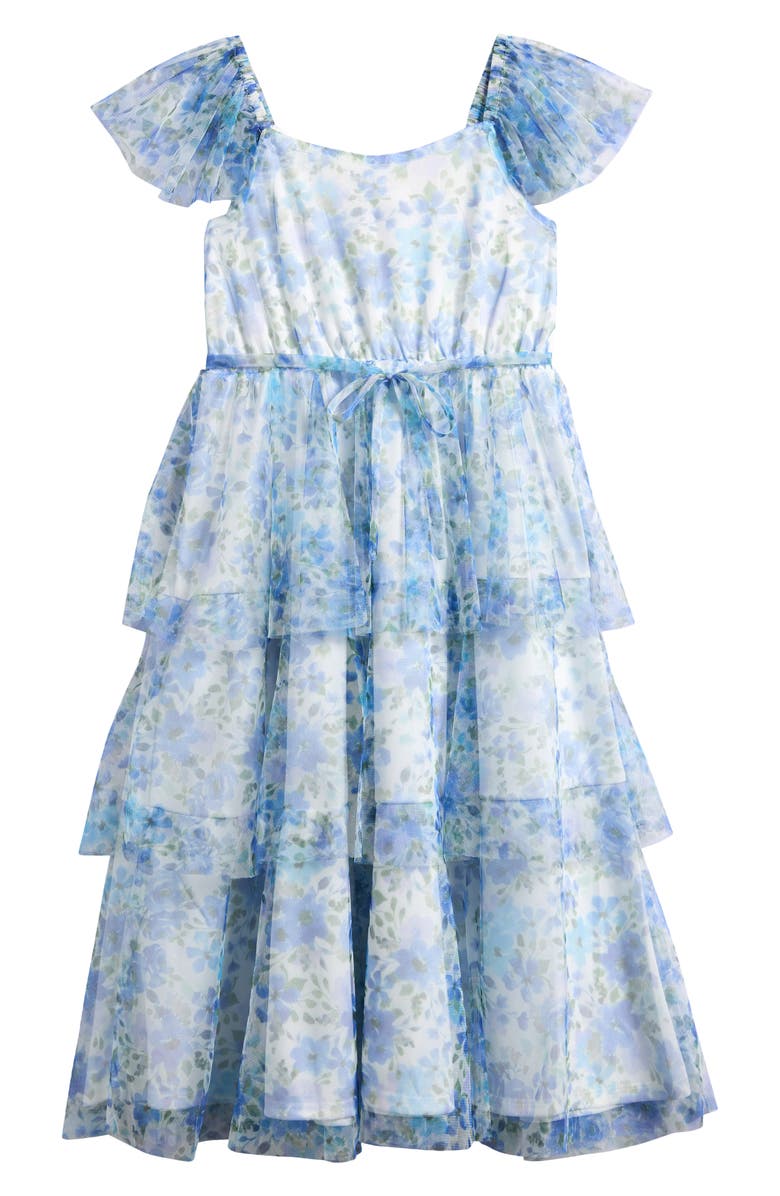 Iris & Ivy Floral Tiered Mesh Maxi Dress, Alternate, color, Blue