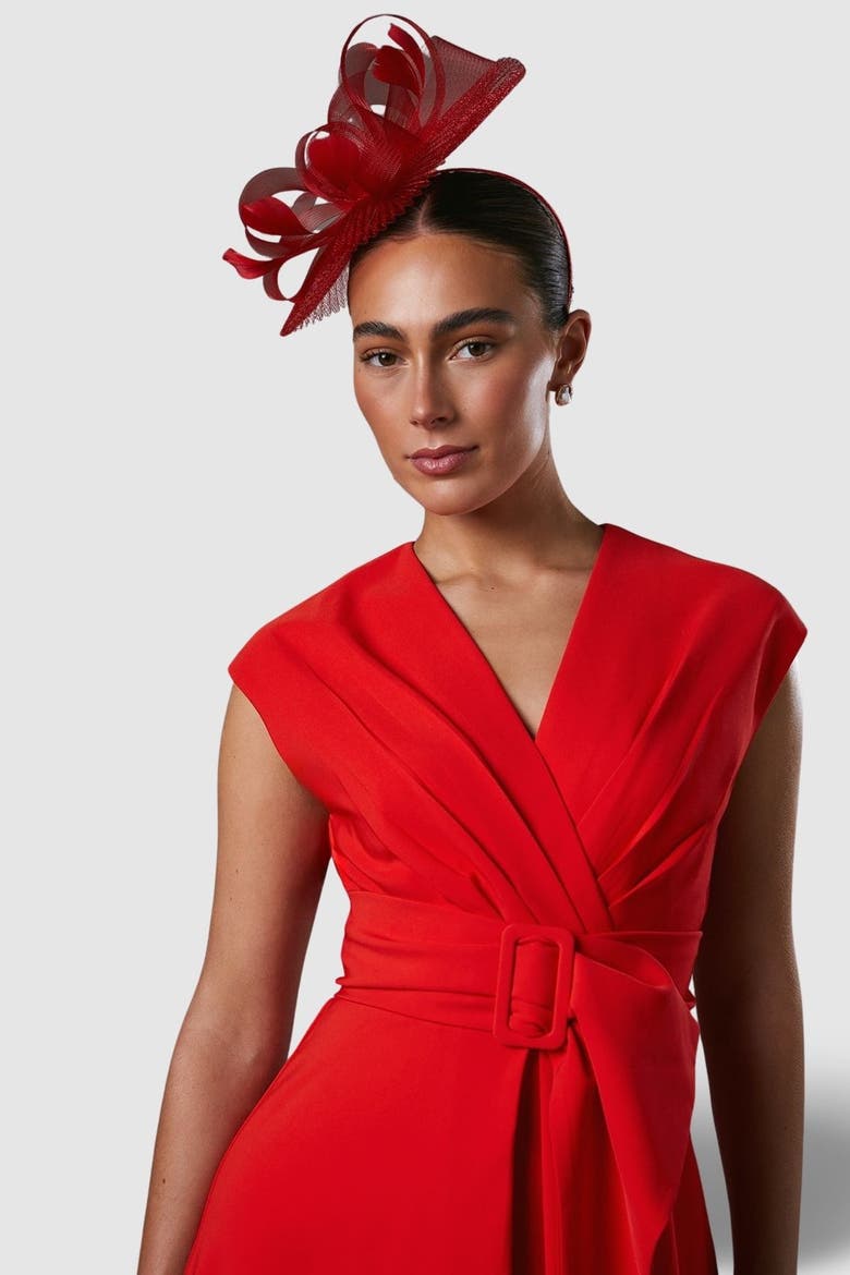 Belted Crepe V-Neck Midi Dress, Alternate, color, Flame Red