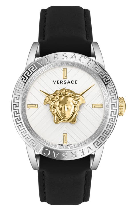 V-Code Leather Strap Watch, 43mm