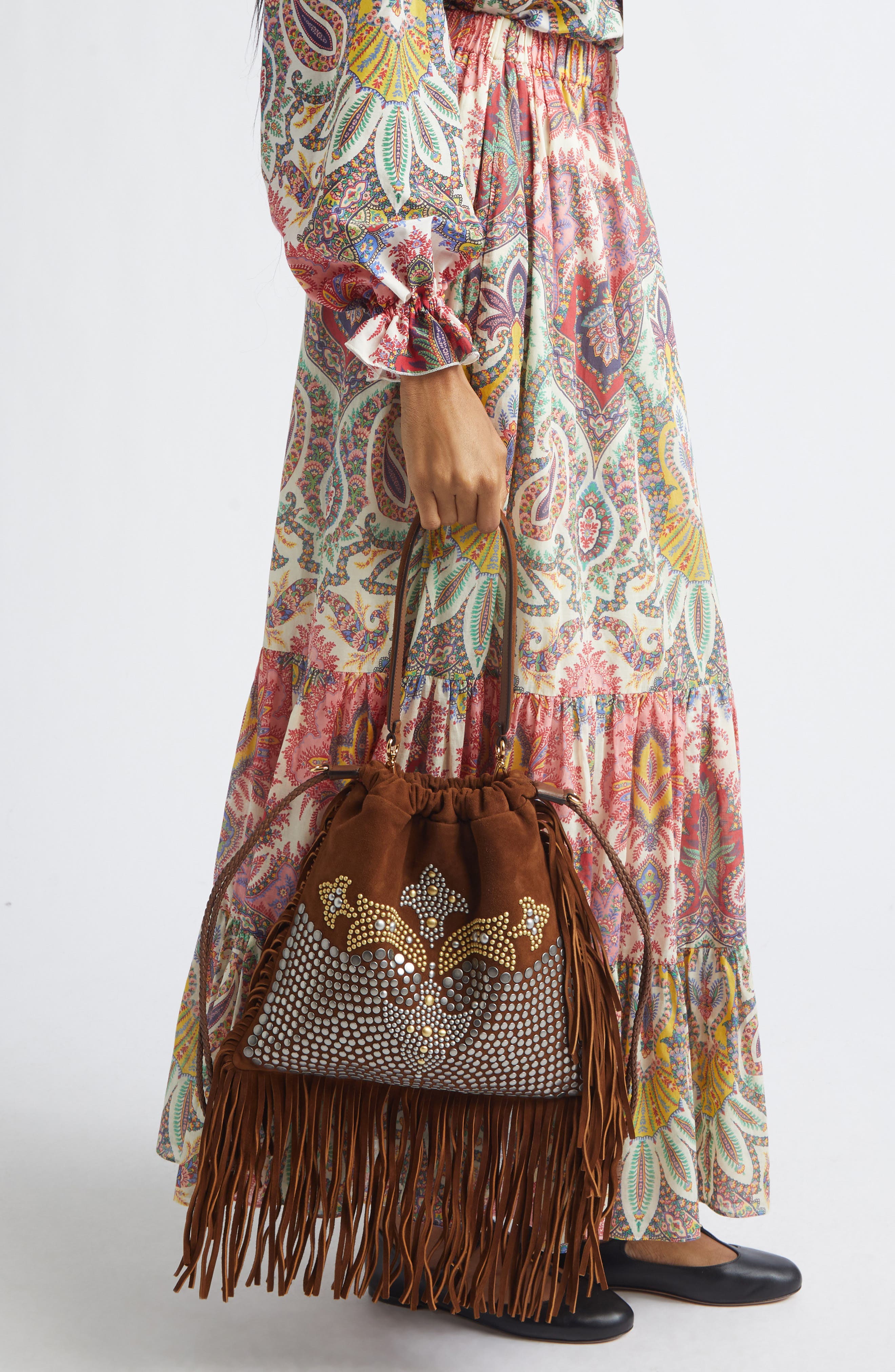 Etro Kalispera Stud & Fringe Suede Shoulder Bag, Alternate, color, Brown