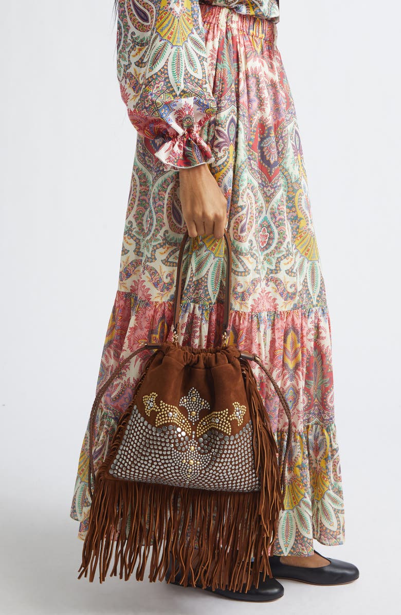 Etro Kalispera Stud & Fringe Suede Shoulder Bag, Alternate, color, Brown